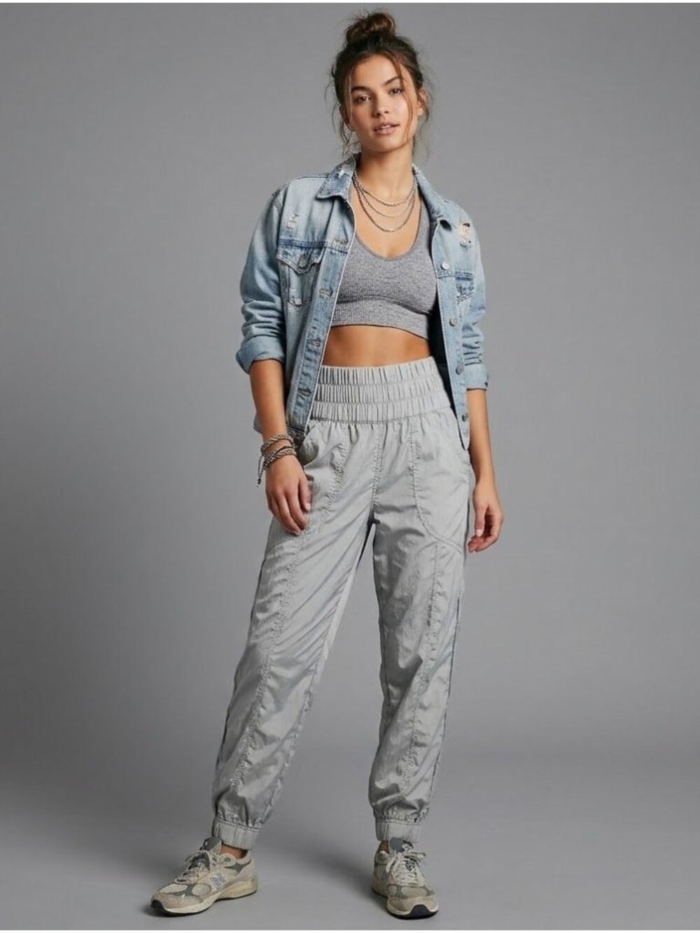 Free Movement Elastic Waist Silver Jogger Pants Size S Chic Style